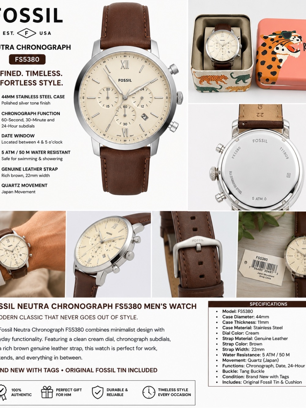 Fossil Men's Neutra Chronograph Watch - Brown Leather, Cream Dial